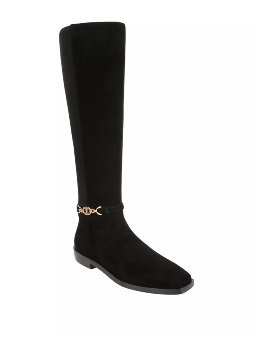 Sam Edelman Black Knee-High Suede Boot with Gold Chain Detail Size 7.5